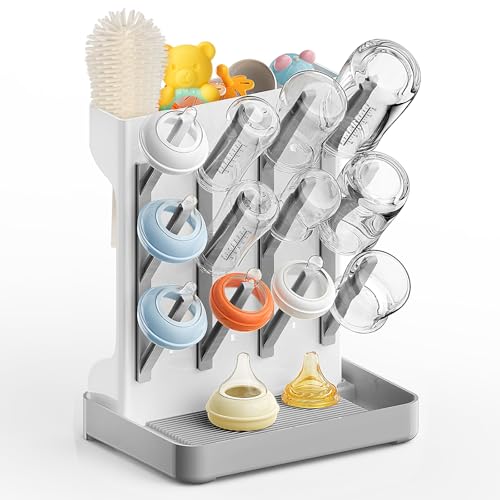 Image of Viddett Baby Bottle Drying Rack: Vertical Space Saving Countertop Drying Rack - BPA-Free Baby Accessories Storage Stand Organize Brushes Pacifiers on Countertop - Elegant Grey