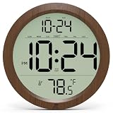Digital Wall Clock Battery-Operated, 8 Inch Small Decorative Modern Wood Wall Clock with Date, Temperature, Auto-DST, Silent Electric Wall Clock for Bedroom, Living Room, Kitchen, Office, Farmhouse