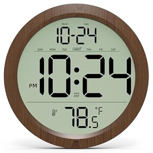 Digital Wall Clock Battery-Operated, 8 Inch Small Decorative Modern Wood Wall Clock with Date, Temperature, Auto-DST, Silent Electric Wall Clock for Bedroom, Living Room, Kitchen, Office, Farmhouse