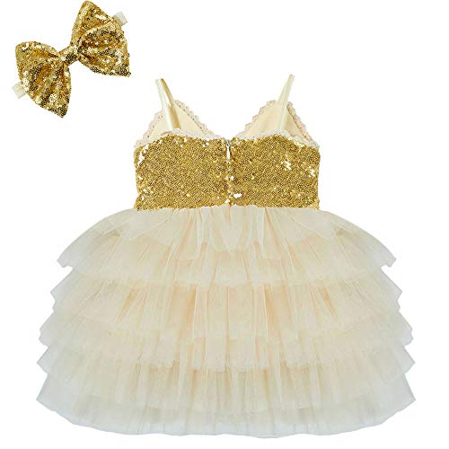 Cilucu Toddlers Flower Girls Dress Infant Sequin Tutu Dresses Kids Princess A-Line Dress For Wedding Bridesmaid Girls Gown Christmas Gold Off White Valentine's Day Dress Size 18-24 Months #TOP1