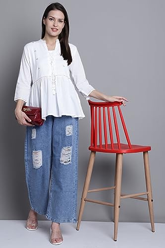 Image of Rajnandini Women's Pure Cotton Embroidered Short Western Top (JOPLJPR707 Off White)