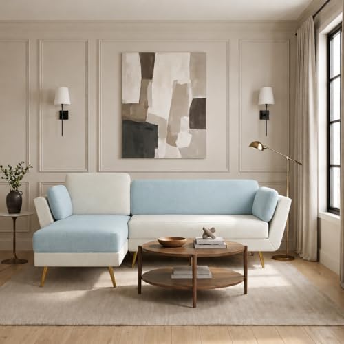 Image of Nuvola Air Premium Latex Fabric Sofa | 3, 4 & 5 Seater Options | Single & Dual-Tone Variants | Ultra-Soft Deep Seating Comfort | Modern Living Room Sofa | 3-Year Warranty (Blue & White, LHS, 4)