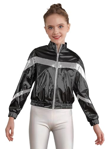 Kids Girls Shiny Metallic Zipper Bomber Moto Jacket Dance Disco Party Coat Lightweight Flight Jacket Outerwear