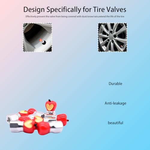 4-Pack Handmade Red Apple Valve Stem Caps with Heart Design for Schrader Valves, Unique Car & Bike Accessory, Fun Tire Decor, Colorful Novelty Gift for Car Enthusiasts