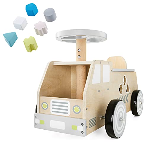 Mamabrum, Aufsitzauto aus Holz, Spielzeugauto mit Blöcken enthalten, Spielzeug für EIN Kind 2+, Holzauto für Jungen, Mädchen, dezente Farben, Spielzeug für Babys, Kleinkinder Cover
