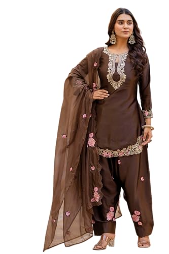 The Red Lion Enterprise Women Patiala Suit Set Japan Satin Kurti with Dhoti Dupatta Punjabi Festive Wedding Wear Outfit (US, Alpha, Small, Regular, Regular, Cofee)