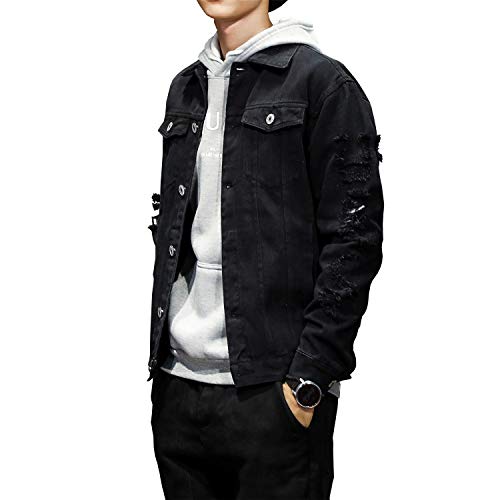 David.ann Men's Distressed Jean Coat Ripped Holes Button Down Denim Casual Trucker Jacket Outerwear,Black,Medium #TOP1