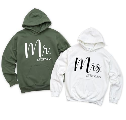 Matching Hoodies Wedding Gifts for Mr and Mrs Engagement Gift Just Married Hoodie for Couples Personalized Est Date Hoodies Bridal Shower Gifts for Women3