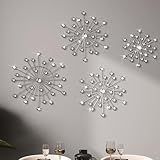 Blulu 4 Pcs Metal Wall Decor Bling Crystal Wall Art Cast Iron Rhinestones Sunburst Decor Starburst Art Hanging Diamond Accents Home Decorative for Living Room Bedroom Entryway(Silver)