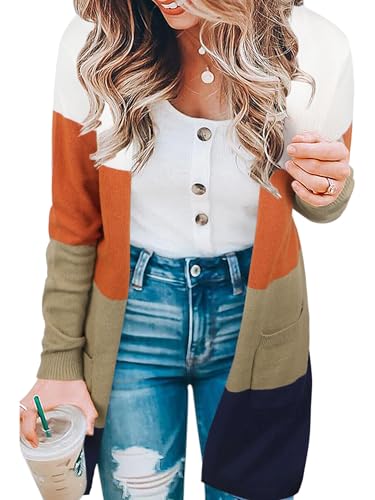 Image of ECOWISH Women Cardigan Sweaters Long Kimono Striped Long Sleeve Open Front Color Block Cozy Knitted Coat Outwear Winter Fall