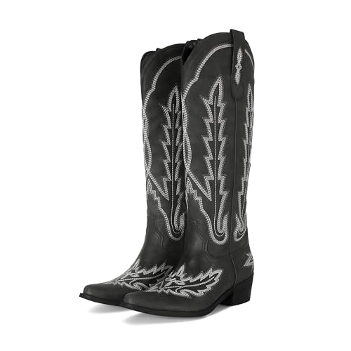 Image of STALOV Cowboy Boots for Women Pull On Chunky Heel Boots Knee High Cowgirl Boots Western Pointed Toe Boots Embroidered Suede Boots