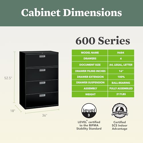 Image of HON 4 Drawer Lateral File Cabinet with Lock, Metal Filing Cabinets for Offices, Adjustable Hangrails for A4, Legal, Letter Files, 18 inch Deep, Black