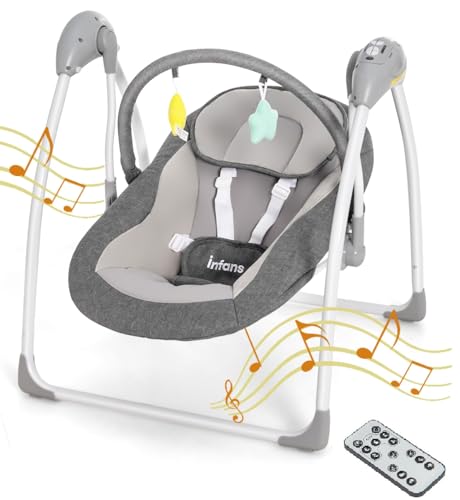 Image of INFANS Baby Swing for Infants, Compact Portable Baby Electric Rocker for Newborn with 5 Speed Natural Sway Music Timing 2 Toys Remote Control, Easy Fold, 0-6 Months Boy Girl