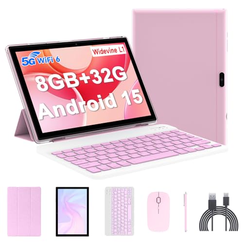 10.1 inch Android 12 tablet, 2 in 1 tablets, 4GB RAM+64GB ROM Quad-Core Processor, 1280 x 800 FHD Tablet with Keyboard/Mouse/Case/Stylus/Tempered Film, 8MP Dual Camera 6000
