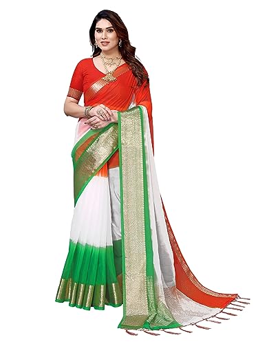 Image of Satrani Women's Printed Organza Saree (3193S281NA White & Green & Orange)