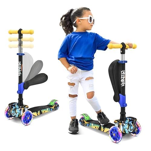 Image of Hurtle 3-Wheeled Scooter for Kids - Wheel LED Lights, Adjustable Lean-to-Steer Handlebar, and Foldable Seat - Sit or Stand Ride with Brake for Boys and Girls Ages 1-14 Years Old