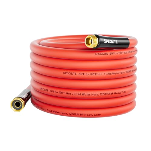 SPECILITE 5-layer 5/8 Hot/Cold Garden Water Hose 50ft Burst 1200psi -50 to 190 Flexible & Lightweight Heavy Duty Rubber Pipe with 3/4 Brass Fittings for All-weather Outdoor Yard Red