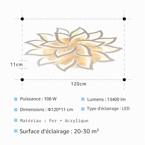 Lustre salon LED dimmable télécommande plafonnier 120 cm