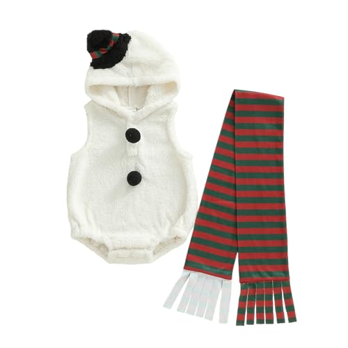 Nibbcoa My First Christmas Baby Boy Girl Outfit Velvet Costume Hooded Zip Up Sleeveless Tank Romper Bodysuit with Socks (White 0-3 Months)
