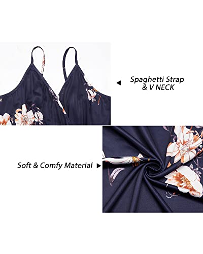 Image of Newshows Women's Summer 2025 Trendy Dress Beach Vacation V Neck Spaghetti Strap Sleeveless Casual Split Wear to Work Long Maxi Dress (Dark Blue Floral White, Small)