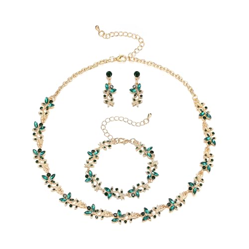 Pendientes colgantes verdes y conjunto de collar de boda
