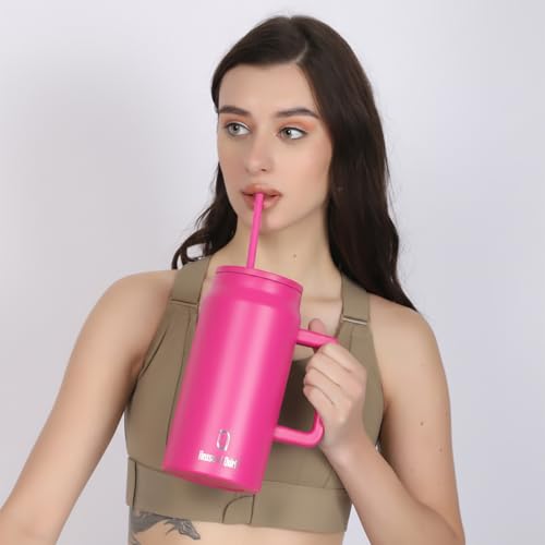 Image of House of Quirk 1500ML Stainless Steel Mug Tumbler with Handle & Straw Lid - Large Water Bottle for Men & Women (Raspberry)