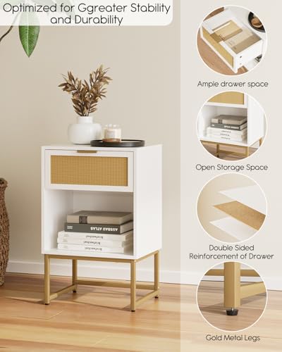 Image of Masupu Rattan Nightstand,Modern Night Stand Boho Farmhouse Wood Bedside Table with Storage Drawer Side End Table for Bedroom,Office,White