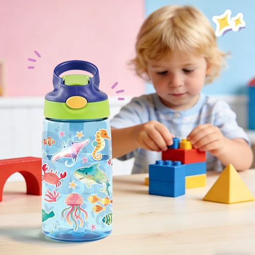 Image of 14oz Cute Marine life Kids Water Bottle with Straw Lid - Cartoon Water Bottles for Kids, Leakproof, Lightweight, Durable Plastic Bottles for School, Pop-Up Straw Cover, Gift Cup for Girls Boys(Sea)