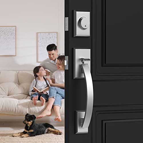 Natsukage Front Door Handle Set Heavy Duty Entry Door Lock Set Entrance Handle Set with Lock, with Single Cylinder Deadbolt and Lever Handle, Reversible for Right & Left Handed Doors, Satin Nickel