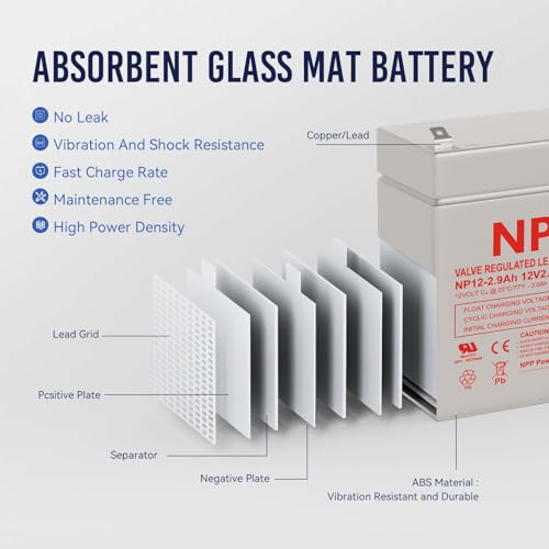 NPP 12V 2.9Ah Rechargeable AGM SLA Battery with F1 Terminals, 12Volt Deer Feeder Battery Replacement for UPS, Emergency Light, Alarm Security System etc (2Pcs)