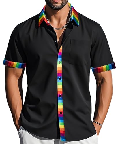Barry.Wang Men's Short Sleeve Dress Shirts Black Rainbow Stripe Casual Button Down Collar Cuff Pocket Contrast Formal Shirt