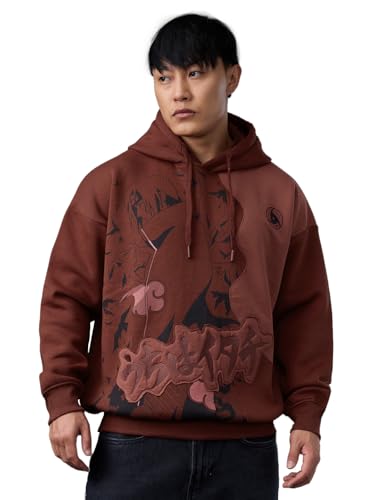 Image of The Souled Store Naruto Shippuden: Itachi's Story Men and Boys Full Sleeves Hooded Neck Brown Graphic Printed Cotton Blend Pullover Oversized Hoodies