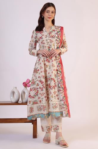 Image of W for Woman Reef Blue Floral Printed Modal Straight Kurta, Pants and Dupatta Set