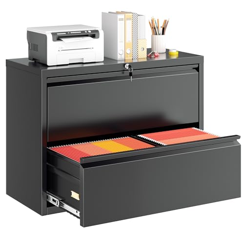 Greenvelly Lateral File Cabinet 2 Drawer, Black File Cabinet with Lock, Lockable Metal Filing Cabinet for Home Office, 2 Drawer File Cabinet for Legal/Letter/A4/F4 Size with Hanging Bars&Key