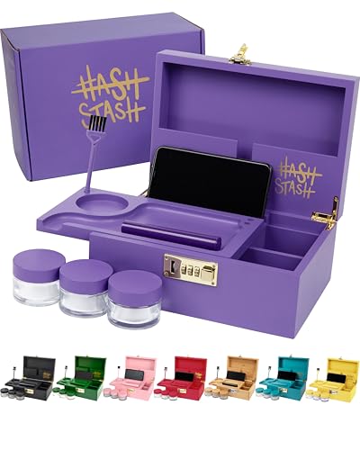 HASHSTASH The OG Stash Storage Box - Large Bamboo with Combination Lock, Magnetic Lid, Organizer Tray, 3 Jars and Brush - Portable Decorative Wooden Lock Box Kit with Accessories (Purple/Gold)