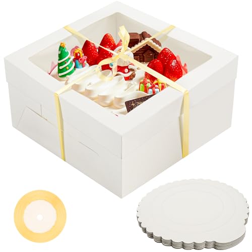 10 Pack White Cake Boxes with Window 12x12x6 Inches with 10 Pack Cake Boards and 1 Roll of Ribbon Cajas Pasteles for Cakes