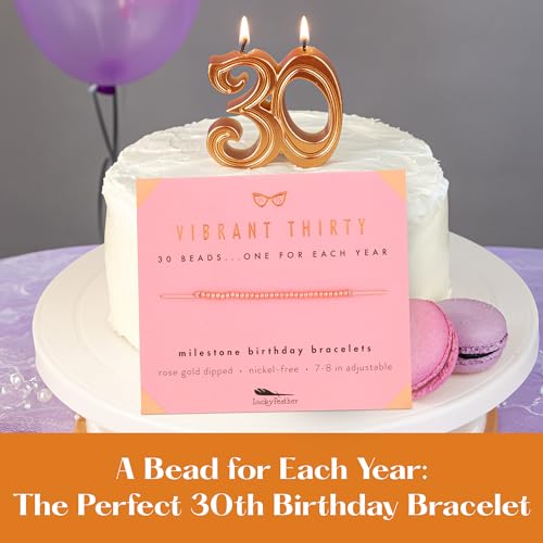 Lucky Feather 30th Birthday Gifts for Women | 30th Birthday Bracelet 14K Gold, Silver, Rose Gold Dipped Beads on Adjustable Cord | gifts for women birthday unique | Vibrant thirty3