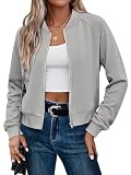 CRAZY GRID Crop Jackets for Lady Zip Up Lightweight Bomber Jacket Long Sleeve Womens Coat No Hood Knit Grey Large