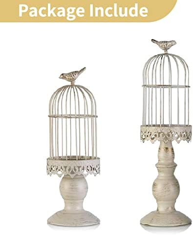 Nuptio Bird Cage Candle Holders: Ivory Shabby Chic Candle Holder for Pillar Candles, Vintage Metal Birdcage Decoration Wedding Tabletop Centre Pieces Christmas Halloween Living Room Mantle, 2 Pieces