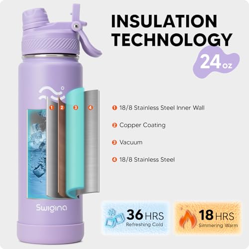 Image of Swigina [2-IN-1 LID] Insulated Water Bottle with Silicone Boot (36hrs Cold /18hrs Hot) - DIY Stickers, Leakproof, BPA Free, 24 oz