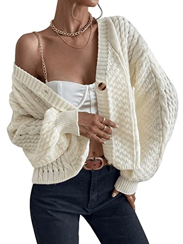 SweatyRocks Women's Cable Knit Long Sleeve V Neck Cardigan Drop Shoulder Button Front Sweater