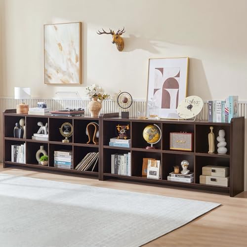 Image of 8 Cube Low Storage Organizer, 63 inch Long Horizontal Bookshelf, Dark Walnut