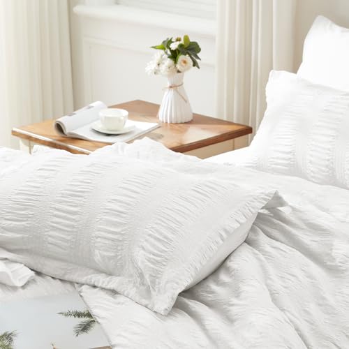 Image of Zzlpp Full Comforter Set 7 Pieces, White Seersucker Bed in a Bag with Comforter and 2 Sheets, All Season Bedding Sets with 1 Comforter, 2 Pillow Shams, 2 Pillowcases
