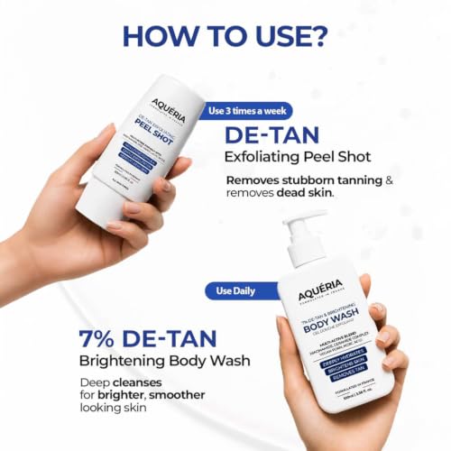 Image of Aqueria Complete De-Tan & Brightening Body Care Combo | 5.5% AHA BHA Underarm Brightening Roll On (50ml) + Instant De-Tan Exfoliating Body Wash (200ml) + 10% Enzyme Peel Shot (40ml) | Helps Reduce Tan, Dark Spots, Pigmentation & Uneven Skin Tone | For Men & Women