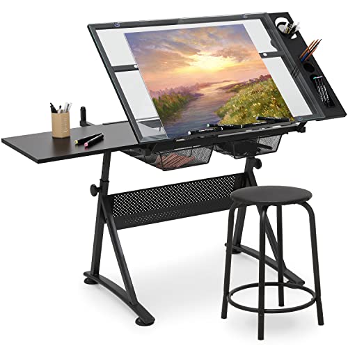 Magshion Drafting Table Set Adjustable Height Artist Desk With Tilting Glass Tabletop And Sliding Wood Desktop, All-In-One Art Desk For Reading, Writing Art Craft With Stool And Iron Drawers (Clear) #TOP27