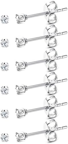 ORAZIO 6 Pairs Tiny 2mm Stainless Steel Stud Earrings For Mens Womens CZ Round Ball Cartilage Earrings Set,Silver Tone