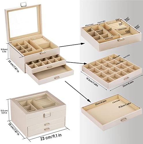 Jewellery Box for Women 3 Layers Large Jewellery Box High Capacity Soft PU Leather Jewellery Organiser for Necklace Earrings Rings Bracelets,Vintage Gift Jewellery Storage,White
