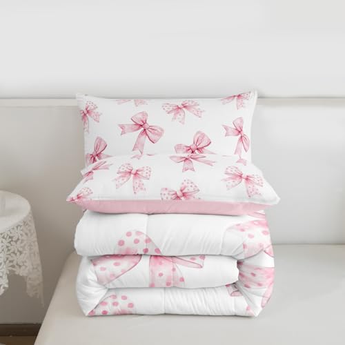 Image of Erosebridal Pink Bow Kids Bedding | Coquette Bowknot Queen Comforter Sets,Princess Girls Ribbon Bowtie Comforter Watercolor Cute Duvet Insert with 2 Pillow Cases