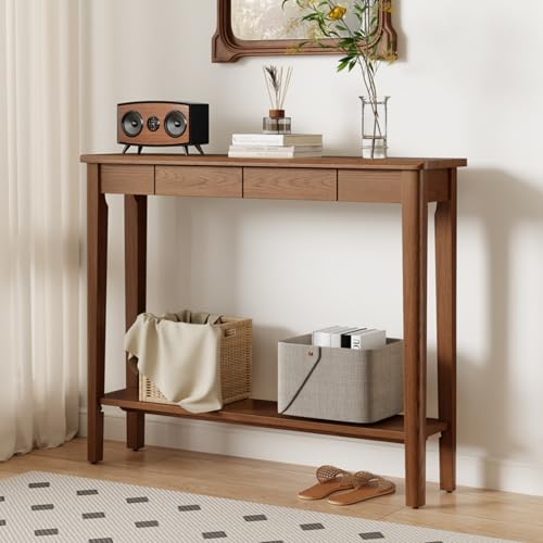 AQIMUELE Wood Console Table with Drawers, Mid Century Modern Console Table Walnut for Entryway, Living Room, Hall Way.