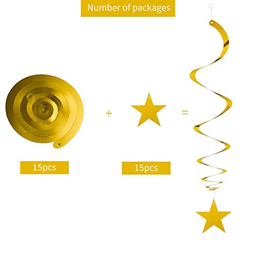 Image of BEISHIDA Gold Star Hanging Swirl Decorations,Hanging Gold Party Supplies for Graduation Wedding Baby Shower Decorations,Pack of 15